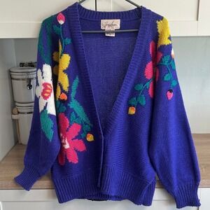 VTG 90s Cardigan Sweater Buttons Womens M Spring Floral Retro 80s Teacher Twee